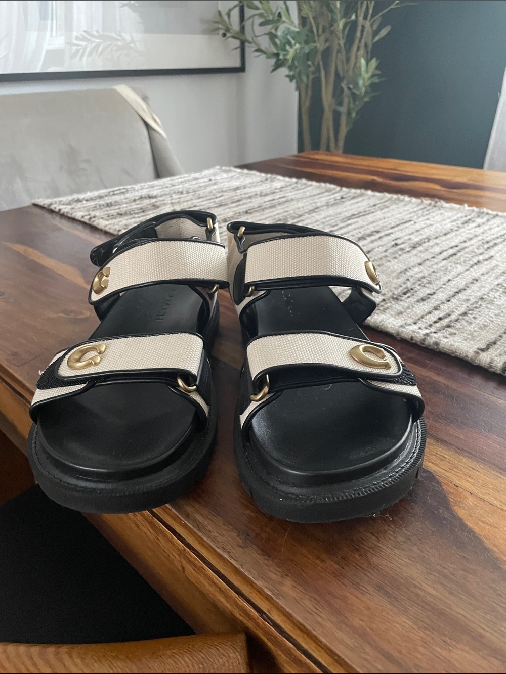 Coach Black and Cream Double-Strap Buckle Sandals